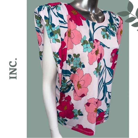 🛍️3/$40 INC International Concepts Womens Floral Pink Top Extended Shoulder L XL - Picture 2 of 4